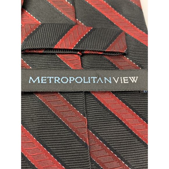 Metropolitan View Men's Silk Tie Metallic 58" Necktie Black Red Silver Diagonal - Picture 4 of 5